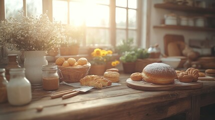 Sunlit kitchen table with pastries, flowers, and milk