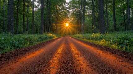 Obraz premium Sunlit forest road at sunset, nature scene, peaceful background, ideal for travel brochures