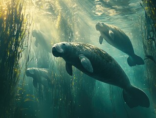 Fototapeta premium Seagrass - underwater plant, marine life, coastal habitat, ocean floor, aquatic environment, underwater meadow, ecosystem support, natural growth, biodiversity, coastal protection, oceanic vegetation.