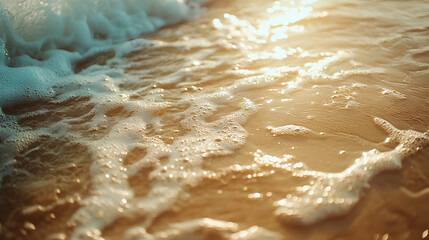 Obraz premium close-up of the surface of water, with sunlight shining on it. Sand ripples, a beach, waves, and windblown sand create a captivating scene. Seafoam bubbles add to the beauty