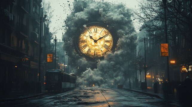 Exploding clock in city street, smoke, debris, time, urban scene.