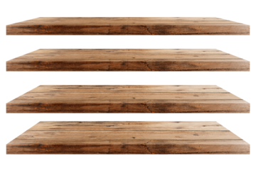 Collection of wooden shelves on an isolated. Empty wood board shelf at concrete wall background.
