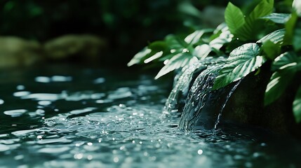Fototapeta premium Water drops falling into the water with green leaf background