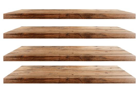 Collection of wooden shelves on an isolated. Empty wood board shelf at concrete wall background.
