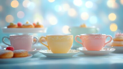 Fototapeta premium Whimsical tea party with colorful cups, pastries, and soft bokeh
