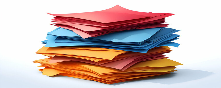 Colorful paper stack, studio, white background, organization