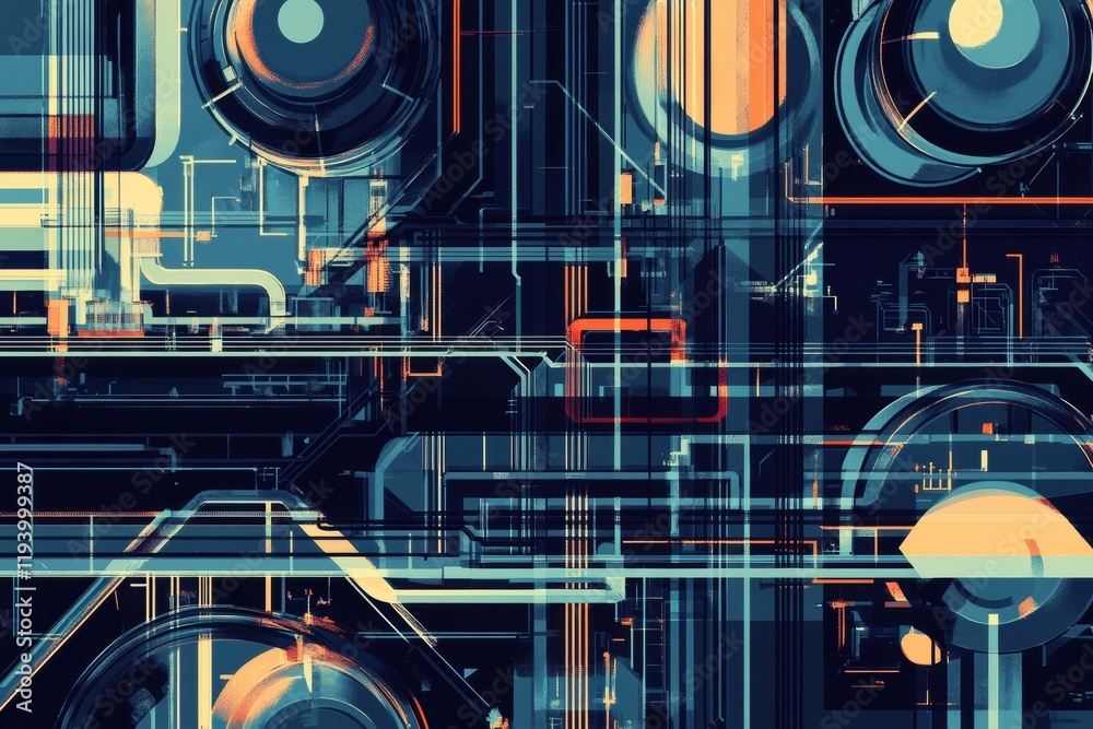 Poster geometric industrial pattern showcasing oil tanks, pipes, and rigs in a complex layout. generative a