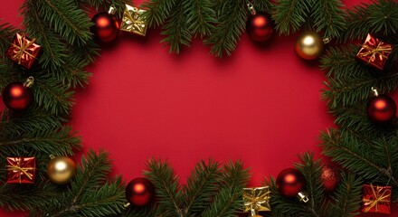 Christmas decoration, pine branches, red background, ornaments, baubles, festive