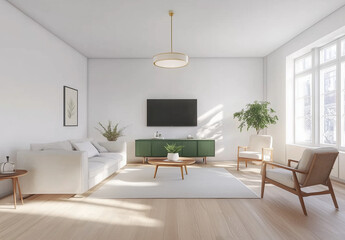 Fototapeta premium Modern Minimalist Living Room with Green Furniture and Natural Light Creating a Calm Atmosphere 