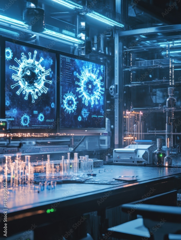 Leinwandbilder Modern laboratory features glowing monitors displaying virus imagery and illuminated test tubes in a high tech environment. Generative AI