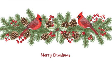 Christmas border, pine branches, pine cones, red berries, winter birds, cardinals, watercolor style