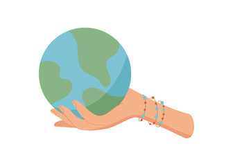 Hand holding globe symbolizes connection. Woman gives and receives the earth as a gesture of unity. Concept of peace, charity, and hope, flat style, suitable for environmental themes.