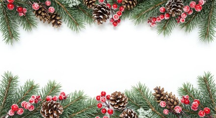 Christmas border, pine branches, frosted evergreen boughs, red berries, pinecones