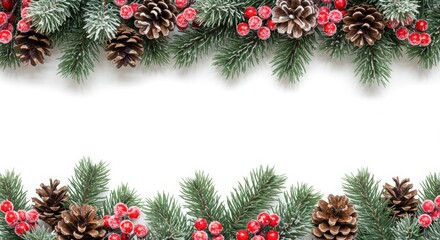 Christmas border, pine branches, frosted evergreen boughs, red berries, pinecones
