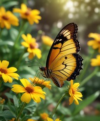 Obraz premium A butterfly sipping nectar from a yellow flower in a garden, nature, yellow flower, flower