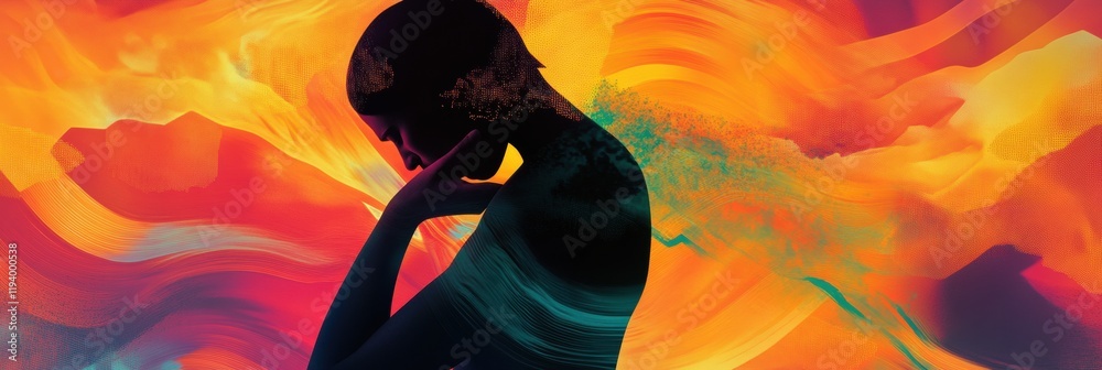 Fototapete Person experiencing discomfort while surrounded by vibrant abstract waves and sharp geometric forms representing pain signals. Generative AI