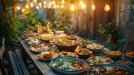 Multicultural families and friends enjoying a potluck meal outdoors, colorful plates and bowls showcasing diverse cuisines, wooden table set under string lights, cheerful conversations and laughter,
