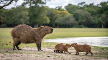 Fototapeta premium A capybara mother with her babies on land, guinea pig lookalike, water loving animal, rodent family, capybara mother