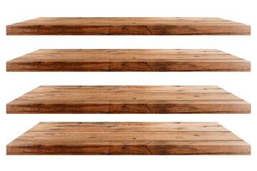 Collection of wooden shelves on an isolated. Empty wood board shelf at concrete wall background.