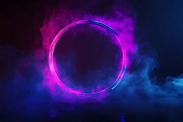 Obraz premium Round neon frame on a dark background with smoke