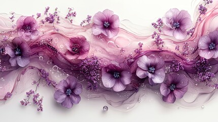 Purple flowers arranged in flowing fabric with bubbles.