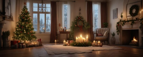 A Christmas Eve room decorated with candles, evergreen, and festive decorations, warm glow, candlelight