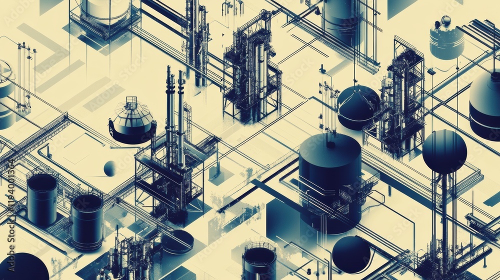 Aufkleber Geometric industrial pattern of oil tanks, pipes, and rigs with intricate designs and structures. Generative AI