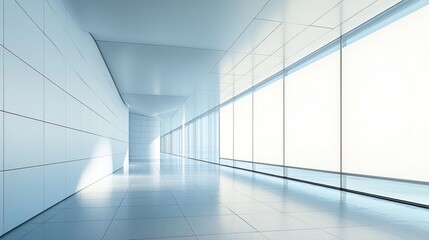 Modern corridor, white walls, huge windows.