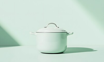 Pastel green enameled cast iron pot with lid and handles on a mint background.