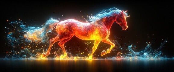 Fiery horse running,  energy, power, motion, magic, fantasy, abstract art, digital painting.