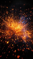 A close-up shot of the sparks flying from a flame on a black background, showcasing the vibrant colors and patterns of the sparks, black background, patterned sparks, fiery details