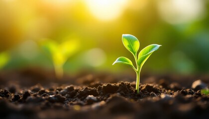 Fresh sprout emerging from fertile soil at sunrise