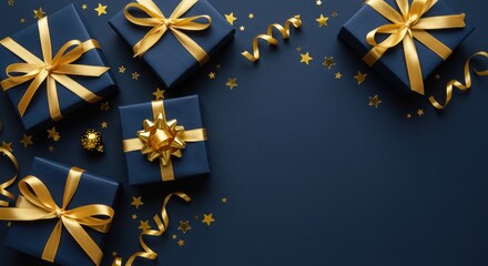 Naklejka premium Elegant gift boxes, navy blue background, gold ribbons and bows, golden star decorations, festive holiday scene, overhead view, luxurious