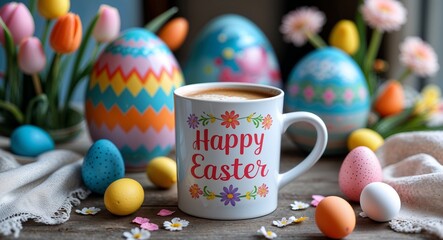 happy easter lettering on coffee mug at table