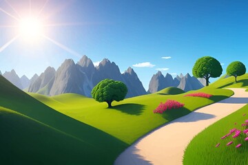 Beautiful and Peaceful Nature Scenery Illustration Landscape Countryside Tranquil Vibrant and Colorful