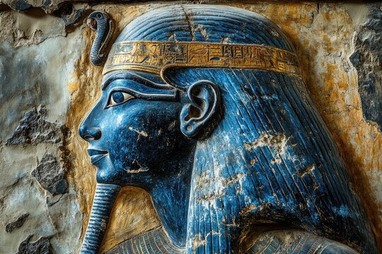 Ancient Egyptian mural: divine figure, pharaoh imagery, sacred artwork, royal icon, historical depiction, religious art, cultural heritage, hieroglyphic style, symbolic representation, regal painting.