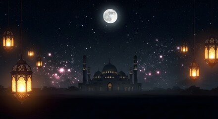 Fototapeta premium ramadan background, ramadan greeting card background, mosque, ramadan lanterns background, Ramadan Kareem religious background with mosque silhouettes reflected 