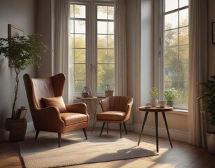 A cozy reading nook by a window features a comfortable chair, a side table, and a cup of hot coffee, side table, window