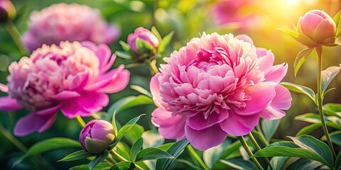 Fototapeta premium Pink Peony Closeup Summer Bloom Photography - Lush Green Leaves Background