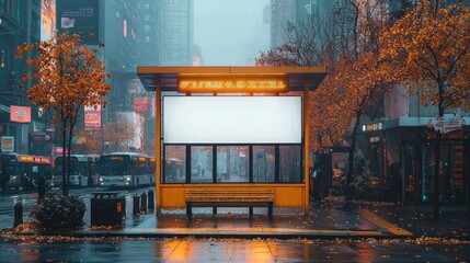 A bus stop in a misty urban setting.