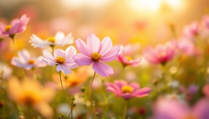Beautiful Pink and White Cosmos Flowers in Sunlight