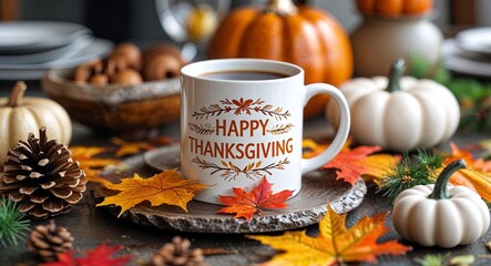 happy thanksgiving lettering on coffee mug at table