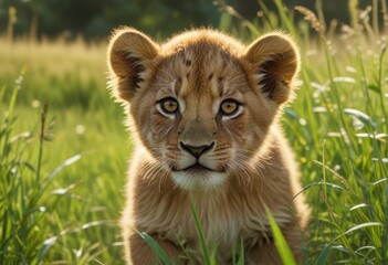 Fototapeta premium A little lion cub with soft paws and a twitching nose sniffing around in the tall grass, nature, wild