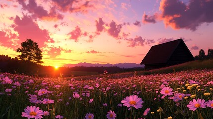 Sunset over alpine meadow with wildflowers and mountains in background