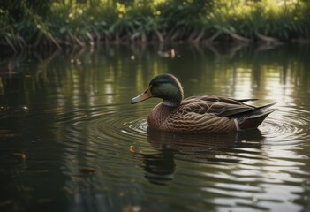 A lone duck paddles nearby, unaware of its hidden brood, aquatic life, peaceful