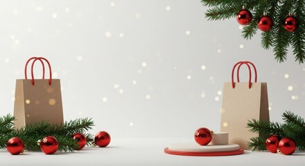 Christmas shopping, minimalist holiday scene, paper bag with red handles, pine branches, red ornaments, white background, soft lighting