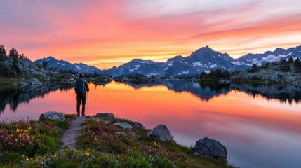 Fototapeta premium Majestic Mountain Lake at Sunset with Vibrant Sky and Reflection