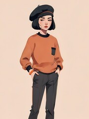 A stylized illustration of a young woman in a casual outfit. wearing an orange sweater and black pants