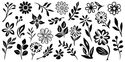 Hand drawn plant elements, flowers and leaves, vector design