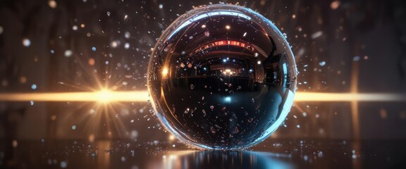 A mirrored ball spins with mesmerizing speed, scattering tiny pieces of light everywhere, spinning mirror, radiant beams, disco ball